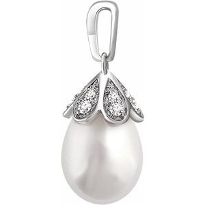 14K White Cultured White Freshwater Pearl & 1/8 CTW Natural Diamond Pendant