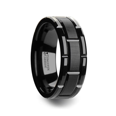 Beveled Black Tungsten Carbide Wedding Band with Brush Finished Center and Alternating Grooves - Moijey Fine Jewelry and Diamonds