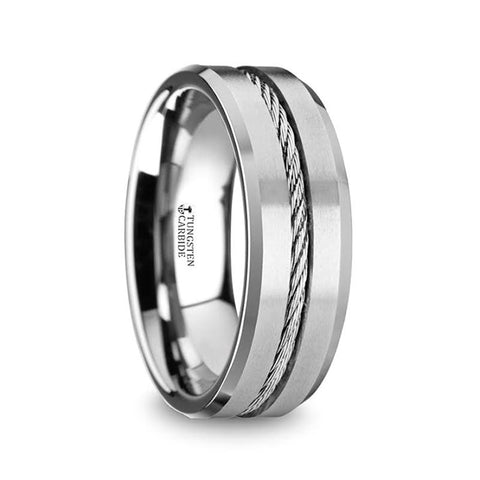 Men’s Tungsten Flat Wedding Band with Steel Wire Cable Inlay & Beveled Edges - Moijey Fine Jewelry and Diamonds