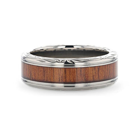 Koa Wood Inlaid Titanium Men’s Wedding Ring with Intricate Edges