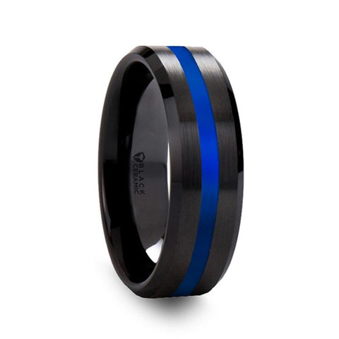 Beveled Black Ceramic and Blue Stripe Wedding Band - Moijey Fine Jewelry and Diamonds