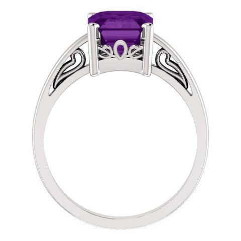 Emerald-Cut Amethyst Scroll Solitaire Ring - Moijey Fine Jewelry and Diamonds