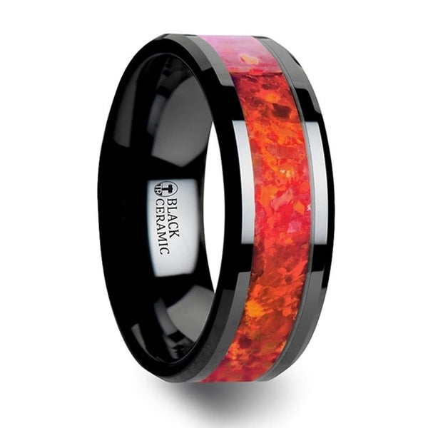 Noire et Rouge Opale- Black Ceramic Band with Beveled Edges and Red Opal Inlay - Moijey Fine Jewelry and Diamonds