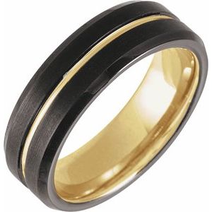 18K Yellow Gold PVD & Black PVD Tungsten 7 mm Grooved Beveled Band Size 10