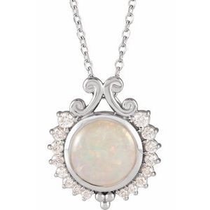 Sterling Silver Natural White Opal & 1/6 CTW Natural Diamond 
 16-18" Necklace