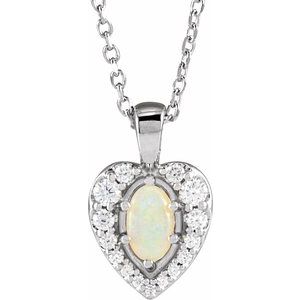 14K White Natural White Opal Cabochon  & 1/8 CTW Natural Diamond 16-18" Necklace