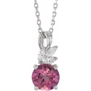 Sterling Silver Natural Pink Tourmaline & 1/10 CTW Natural Diamond 16-18" Necklace