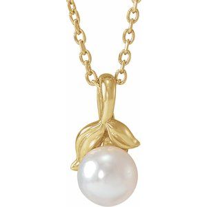 14K Yellow 5 mm Cultured White Akoya Pearl Floral 16-18" Necklace
