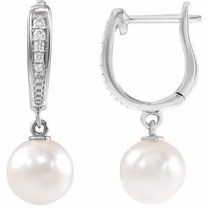 14K White Cultured White Akoya Pearl & .03 CTW Natural Diamond Earrings