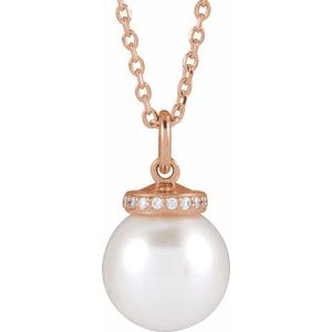 14K Rose Cultured White Akoya Pearl & .04 CTW Natural Diamond 16-18" Necklace