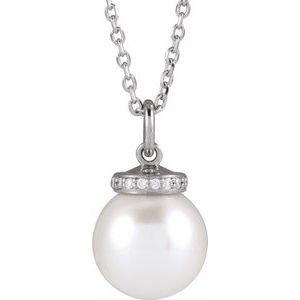 14K White Cultured White Akoya Pearl & .04 CTW Natural Diamond 16-18" Necklace