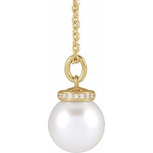 14K Yellow Cultured White Akoya Pearl & .04 CTW Natural Diamond 16-18" Necklace