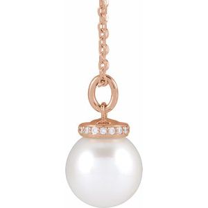 14K Rose Cultured White Akoya Pearl & .04 CTW Natural Diamond 16-18" Necklace