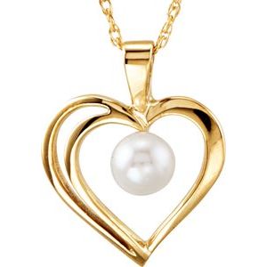 14K Yellow Cultured White Akoya Pearl Heart 18" Necklace