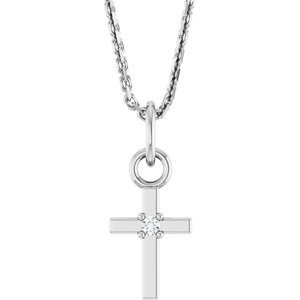 14K White .005 CT Natural Diamond Cross 16" Necklace