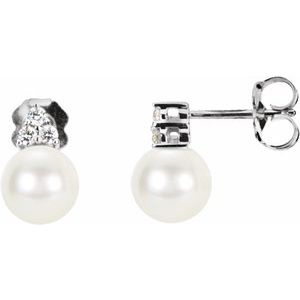 14K White Cultured White Freshwater Pearl &  1/10 CTW Natural Diamond Earrings