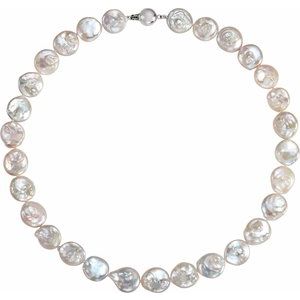 Sterling Silver 13-14 mm Cultured White Freshwater Pearl Coin  18" Necklace