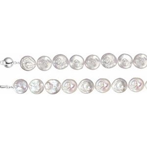 Sterling Silver 13-14 mm Cultured White Freshwater Pearl Coin  18" Necklace