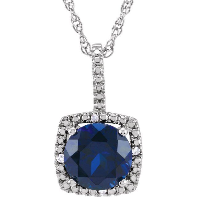 14K White Gold Diamond and Sapphire Pendant With Chain