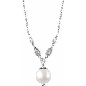 14K White Cultured White Freshwater Pearl & 1/6 CTW Natural Diamond 16-18" Necklace