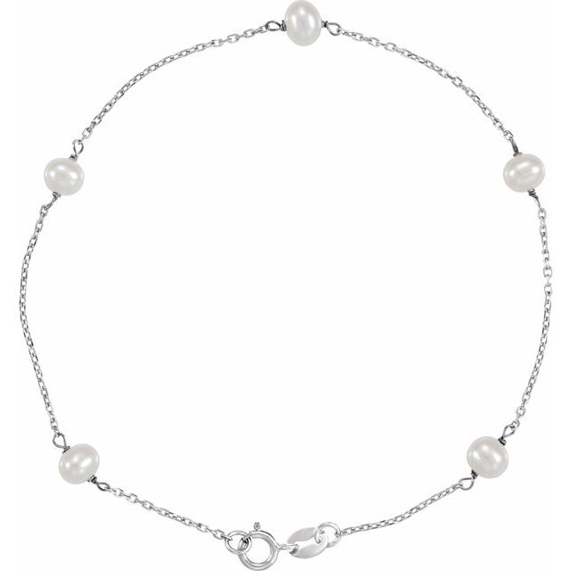 14K White Freshwater Cultured Pearl Station 7" Bracelet