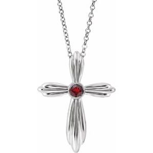 Sterling Silver Natural Mozambique Garnet Cross 16-18"  Necklace