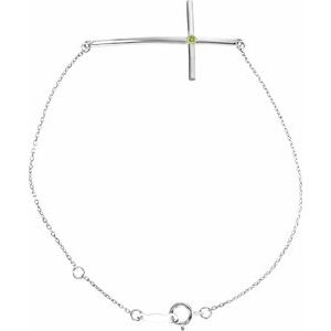 Sterling Silver Imitation Peridot Sideways Cross 7-8" Bracelet