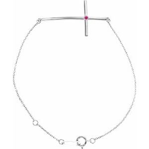 Sterling Silver Imitation Pink Tourmaline Sideways Cross 7-8" Bracelet