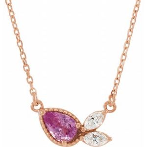 14K Rose Natural Pink Sapphire & 1/6 CTW Natural Diamond 16" Necklace