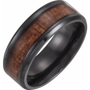 Black Titanium 8 mm Beveled-Edge Comfort-Fit Band with Hawaiian Koa Wood Inlay