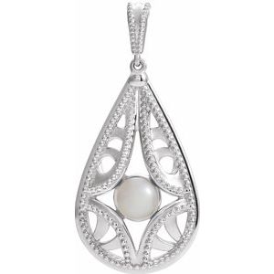 14K White Cultured White Freshwater Pearl Vintage-Inspired Pendant