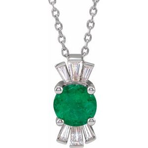 14K White Lab-Grown Emerald & 1/6 CTW Natural Diamond 16-18" Necklace