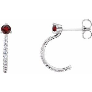 Sterling Silver Natural Mozambique Garnet & 1/6 CTW Natural Diamond J-Hoop Earrings