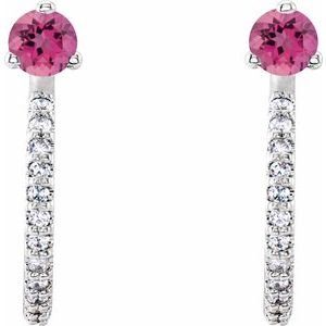 Sterling Silver Natural Pink Tourmaline & 1/6 CTW Natural Diamond J-Hoop Earrings