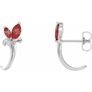 Sterling Silver Natural Mozambique Garnet Floral J-Hoop Earrings