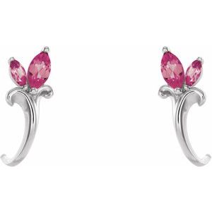 Sterling Silver Natural Pink Tourmaline Floral J-Hoop Earrings