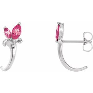 Sterling Silver Natural Pink Tourmaline Floral J-Hoop Earrings
