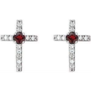 Sterling Silver Natural Mozambique Garnet & .05 CTW Natural Diamond Cross Earrings