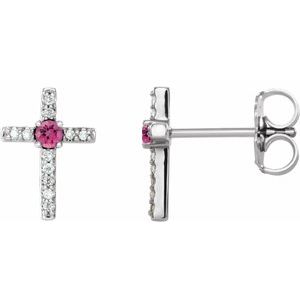 Sterling Silver Natural Pink Tourmaline & .05 CTW Natural Diamond Cross Earrings