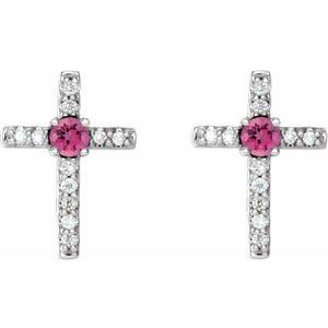 Sterling Silver Natural Pink Tourmaline & .05 CTW Natural Diamond Cross Earrings