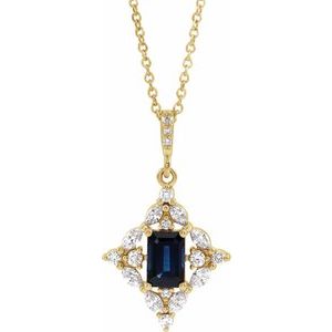 14K Yellow Natural Blue Sapphire & 1/3 CTW Natural Diamond 16-18" Necklace