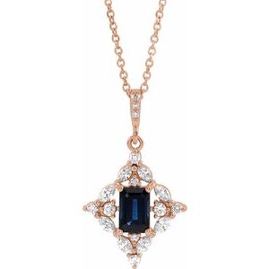 14K Rose Natural Blue Sapphire & 1/3 CTW Natural Diamond 16-18" Necklace