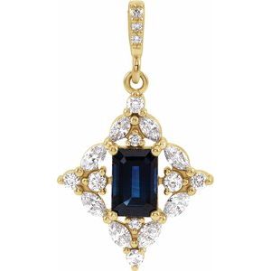 14K Yellow Natural Blue Sapphire & 1/3 CTW Natural Diamond Pendant