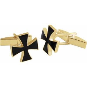 14K Yellow 15 mm Black Enamel Maltese Cross Cuff Links