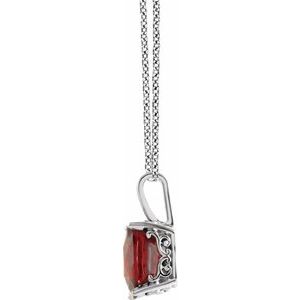 14K White Natural Mozambique Garnet Solitaire Scroll 18" Necklace