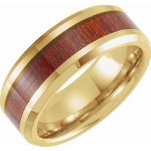 18K Yellow Gold PVD Tungsten 8 mm Beveled Band with Walnut Wood Inlay Size 10