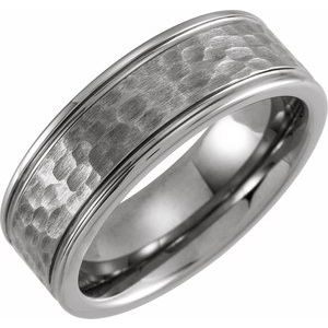 Tungsten 8 mm Flat Grooved Hammered Band Size 10