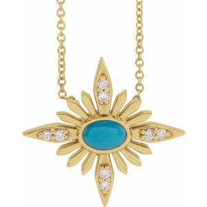 14K Yellow Natural Turquoise & .08 CTW Natural Diamond 16-18" Necklace