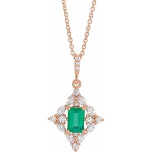 14K Rose Natural Emerald & 1/3 CTW Natural Diamond 16-18" Necklace