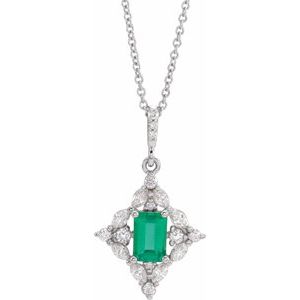 14K White Natural Emerald & 1/3 CTW Natural Diamond 16-18" Necklace